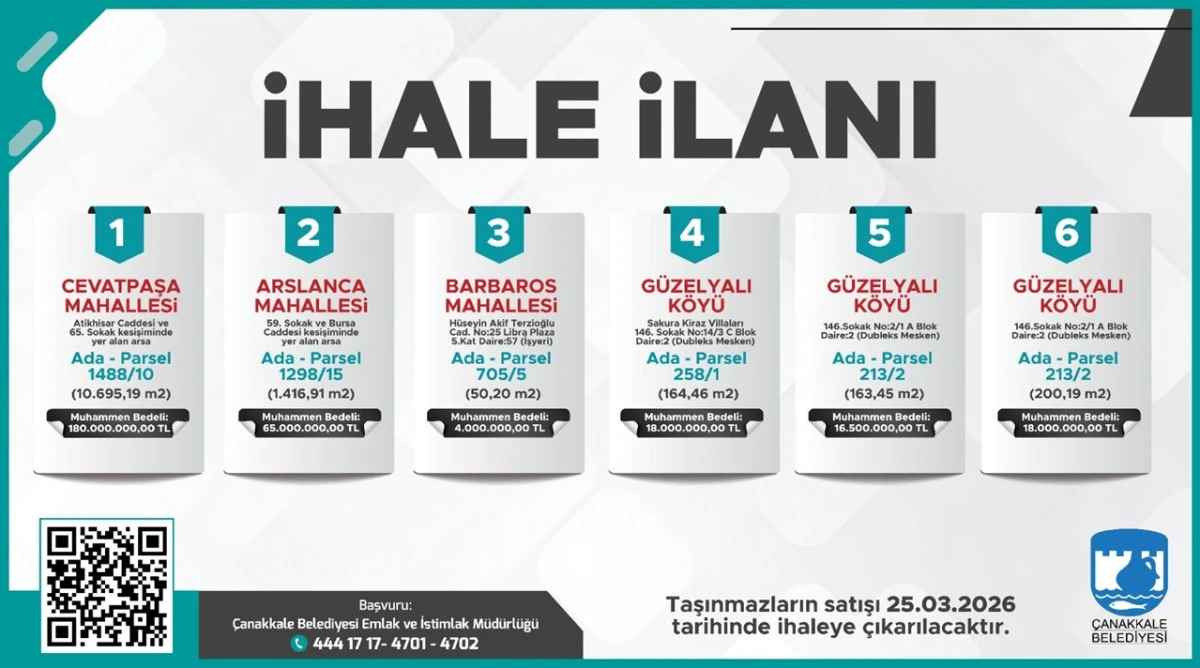 &Ccedil;anakkale Belediyesi 6 Taşınmazı Satışa &Ccedil;ıkardı
